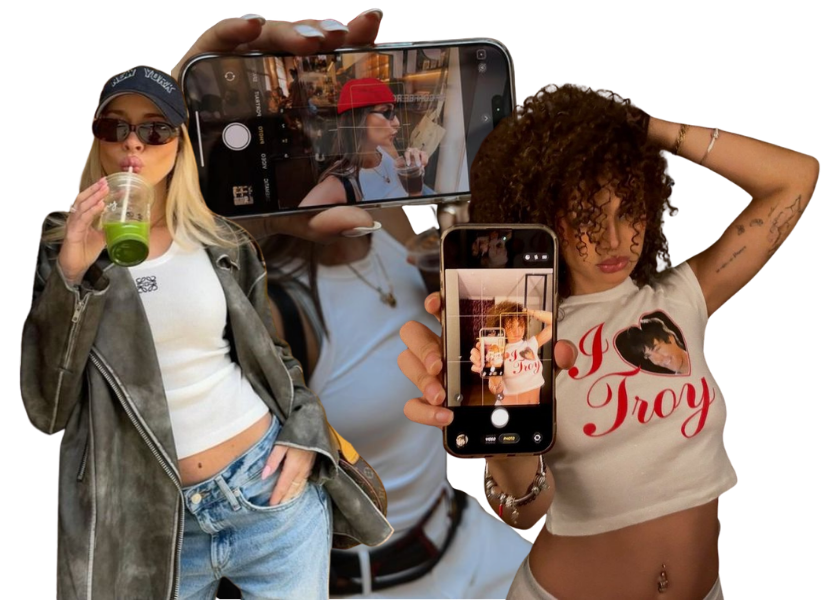 Fashion collage: creators with street style, smoothies, and phone camera moments—redefining the fashion experience on YourStyle.