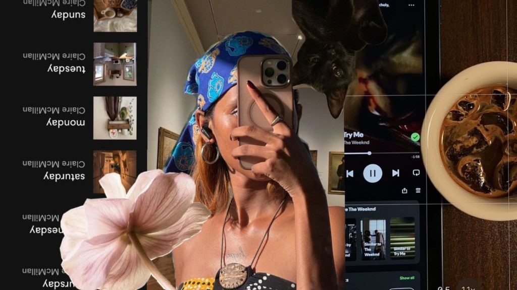 Collage of mirror selfie, weekly style planner, music player, coffee, and decor—representing curated digital style intelligence.